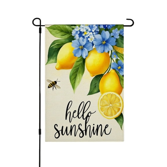 AMHNF Hello Sunshine Linen Garden Flag with Lemons and Blue Flowers for Spring Summer Home Outdoor Garden Yard Door Decor 12x18 inch