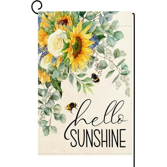 AMHNF Hello Sunshine Spring Summer Line Garden Flag Sunflower Bee Eucalyptus Leaves Yard Flag 12 x 18 inch Double Sided Burlap Small Spring Summer Flag for Outside Decor