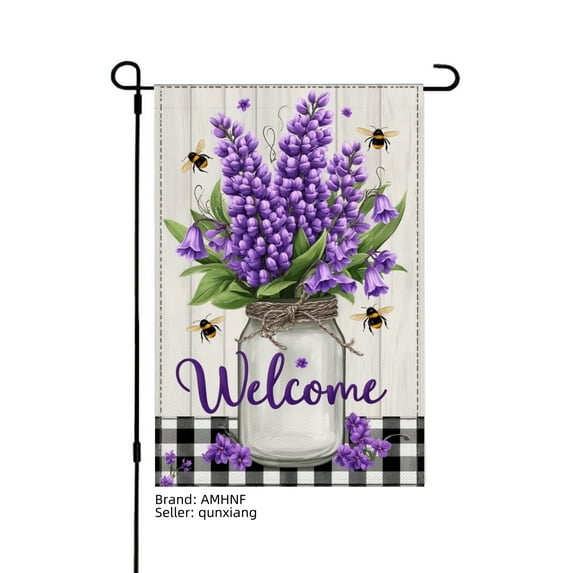 AMHNF Lavender Bouquet Bee Welcome Linen Garden Flag for Spring Summer Home Outdoor Garden Yard Door Decor 12x18 inch
