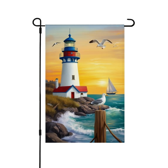 AMHNF Lighthouse Seagulls Sunset Scenery Linen Garden Flag for Spring Summer Home Outdoor Garden Yard Door Decor 12x18 inch
