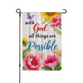 thumbnail image 1 of AMHNF Linen Garden Flag with God All Things Are Possible Inspirational Quote with Colorful Flowers and Butterfly Design for Spring Summer Home Outdoor Garden Yard Door Decor 12x18 inch, 1 of 5