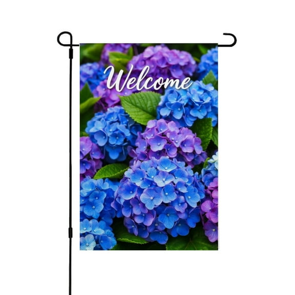 AMHNF Linen Garden Flag with Blue Hydrangea Welcome Sign for Spring Summer Home Outdoor Garden Yard Door Decor 12x18 inch