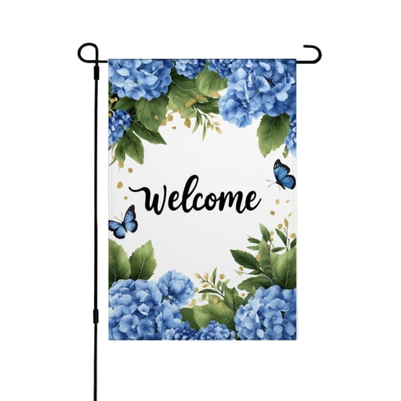 AMHNF Linen Garden Flag with Blue Hydrangeas and Butterflies for Spring Summer Home Outdoor Garden Yard Door Decor 12x18 inch