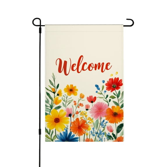 AMHNF Linen Garden Flag with Floral Welcome Design for Spring Summer Home Outdoor Garden Yard Door Decor 12x18 inch