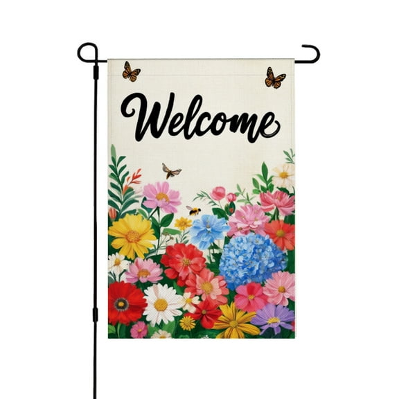 AMHNF Linen Garden Flag with Floral and Butterfly Design - Welcome Sign for Spring Summer Home Outdoor Garden Yard Door Decor 12x18 inch