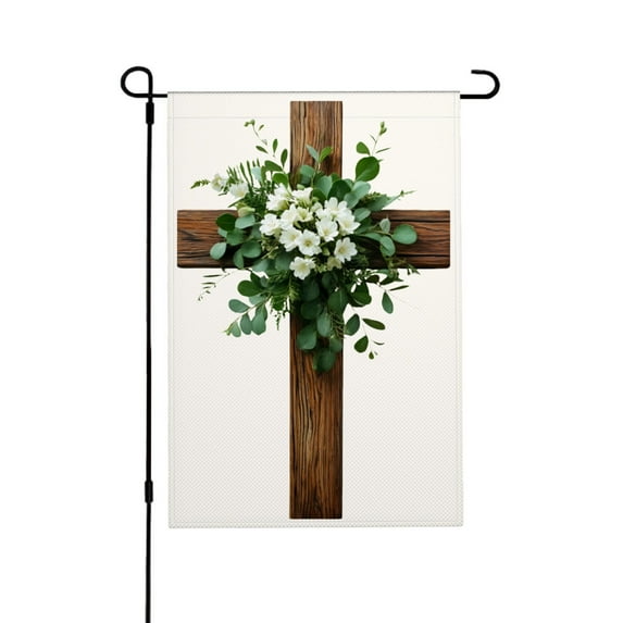 AMHNF Linen Garden Flag with Wooden Cross and Floral Bouquet for Spring Summer Home Outdoor Garden Yard Door Decor 12x18 inch
