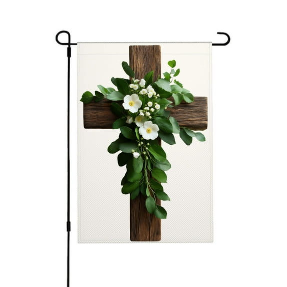AMHNF Linen Garden Flag with Wooden Cross and Floral Design for Spring Summer Home Outdoor Garden Yard Door Decor 12x18 inch