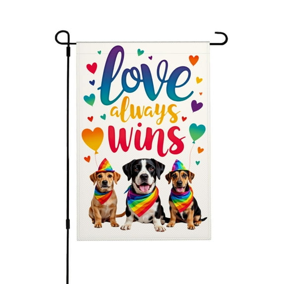 AMHNF Love Always Wins Linen Garden Flag 12x18 inch, LGBTQ Pride Month Yard Flag for Spring Summer Home Outdoor Garden Decoration