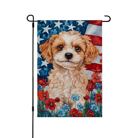 AMHNF Patriotic Puppy with American Flag and Flowers Linen Garden Flag 12x18 inch, Memorial Day Independence Day Yard Flag for Spring Summer Home Outdoor Garden Decoration