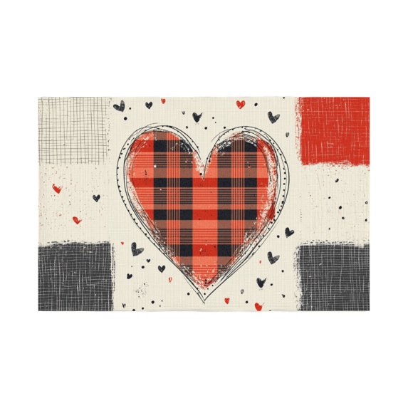 AMHNF Red and Black Plaid Heart Linen Table Mats Set of 4 12x18 inch for Home Kitchen Table Decor