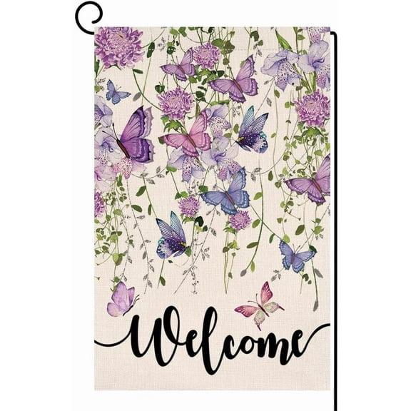 AMHNF Spring Floral Garden Flag 12x18 Vertical Double Sided Purple Flowers Butterflies Welcome Summer Farmhouse Holiday Outside Decorations Burlap Yard Flag
