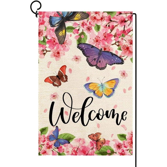AMHNF Spring Summer Floral Welcome Garden Flag Outdoor Butterfly Sakura Flowers Flags Double Sided Outside Farmhouse Burlap Yard Flag Home Patio Seasonal Decoration 12x18 Inch