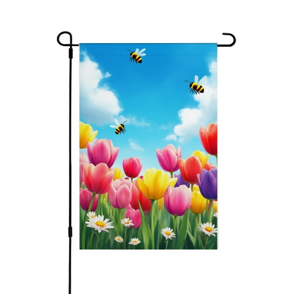 AMHNF Spring Summer Home Outdoor Garden Yard Door Decor 12x18 inch Linen Garden Flag with Tulips and Bees for Spring Summer Home Outdoor Garden Yard Door Decor 12x18 inch