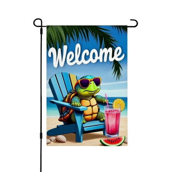 AMHNF Summer Welcome Garden Flag with Turtle, Beach Chair, and Drink - Linen for Spring Summer Home Outdoor Garden Yard Door Decor 12x18 inch