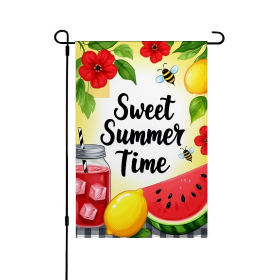 AMHNF Sweet Summer Time Linen Garden Flag with Lemon Watermelon and Bee for Spring Summer Home Outdoor Garden Yard Door Decor 12x18 inch