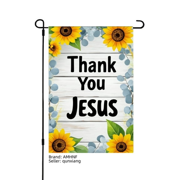 AMHNF Thank You Jesus Linen Garden Flag with Sunflowers and Blue Berries for Spring Summer Home Outdoor Garden Yard Door Decor 12x18 inch