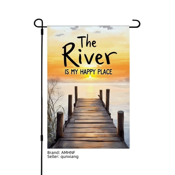 AMHNF The River Is My Happy Place Linen Garden Flag for Spring Summer Home Outdoor Garden Yard Door Decor 12x18 inch
