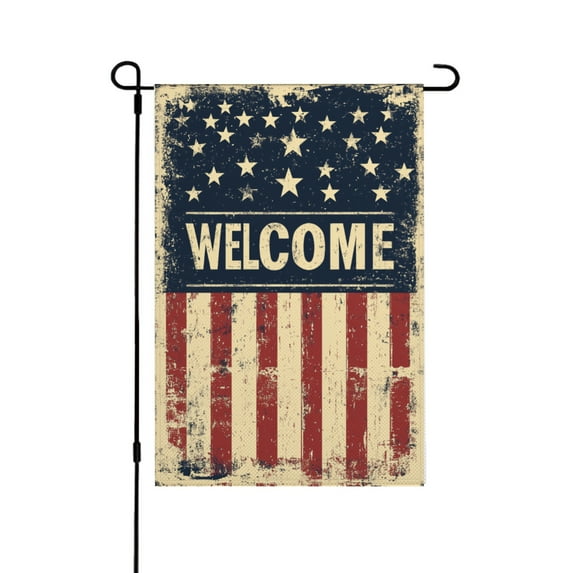 AMHNF Vintage American Flag Welcome Linen Garden Flag 12x18 inch, Memorial Day Independence Day Yard Flag for Spring Summer Home Outdoor Garden Decoration