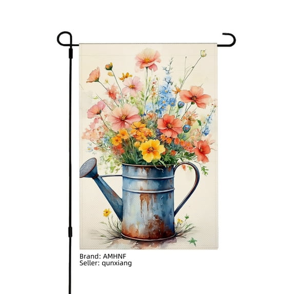 AMHNF Watering Can with Colorful Flowers Linen Garden Flag for Spring Summer Home Outdoor Garden Yard Door Decor 12x18 inch
