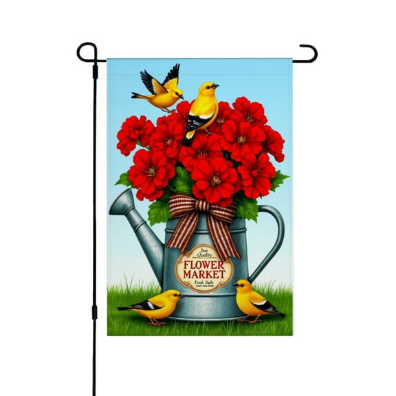 AMHNF Watering Can with Red Flowers and Birds Garden Flag for Spring Summer Home Outdoor Garden Yard Door Decor 12x18 inch