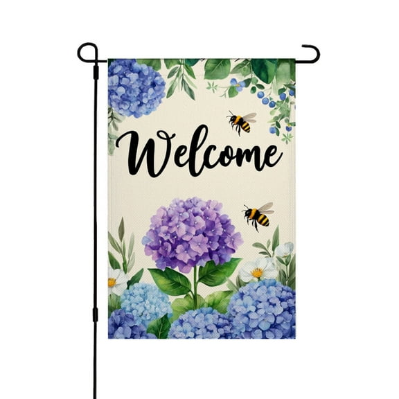 AMHNF Welcome Bee and Hydrangea Linen Garden Flag for Spring Summer Home Outdoor Garden Yard Door Decor 12x18 inch