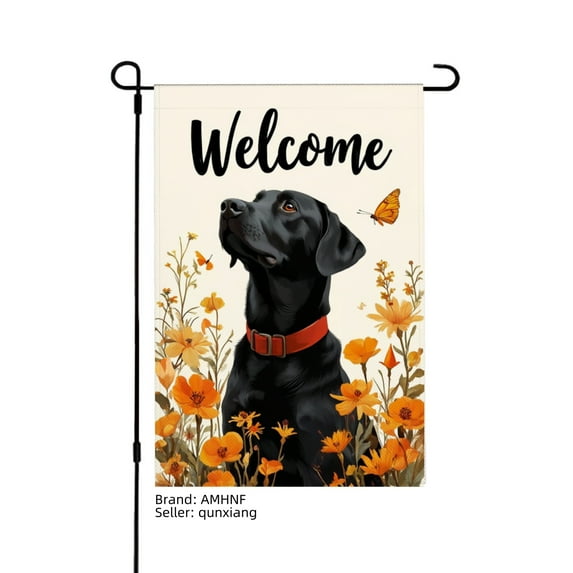 AMHNF Welcome Black Dog with Orange Flowers Linen Garden Flag for Spring Summer Home Outdoor Garden Yard Door Decor 12x18 inch