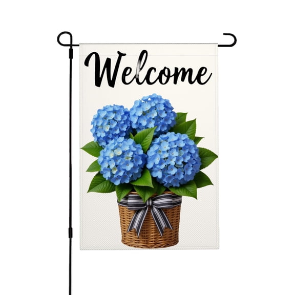 AMHNF Welcome Blue Hydrangea Basket Linen Garden Flag 12x18 inch for Spring Summer Home Outdoor Garden Decoration