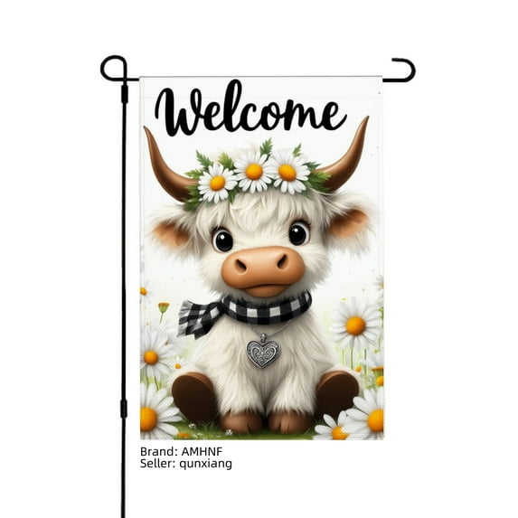 AMHNF Welcome Cute Cow with Daisy Flowers Linen Garden Flag for Spring Summer Home Outdoor Garden Yard Door Decor 12x18 inch