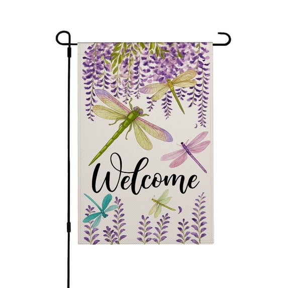 AMHNF Welcome Dragonfly Wisteria Linen Garden Flag for Spring Summer Home Outdoor Garden Yard Door Decor 12x18 inch