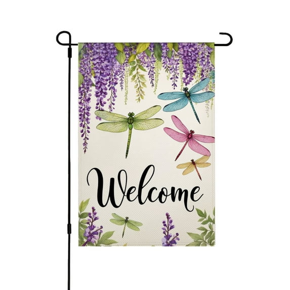 AMHNF Welcome Dragonfly Wisteria Linen Garden Flag for Spring Summer Home Outdoor Garden Yard Door Decor 12x18 inch