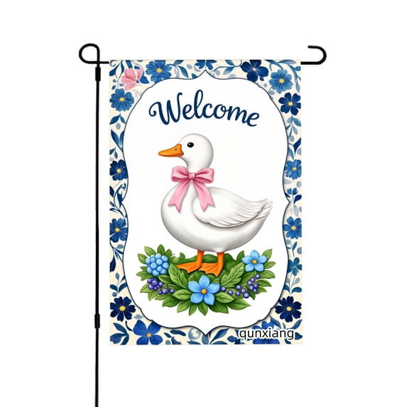 AMHNF Welcome Duck Garden Flag With Blue Flowers And Pink Bow For Home Outdoor Garden Yard Decor 12x18 inch