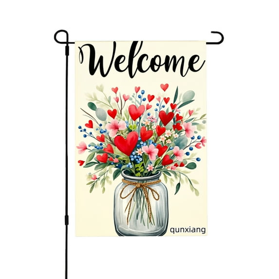 AMHNF Welcome Floral Heart Bouquet In Jar Burlap Linen Garden Flag For Home Outdoor Garden Yard Decor 12x18 Inch