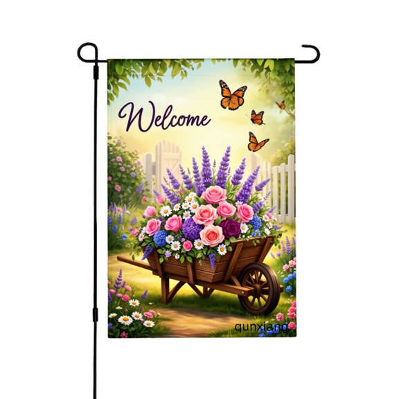 AMHNF Welcome Garden Cart With Flowers And Butterflies Garden Flag For Home Outdoor Garden Yard Decor 12x18 inch