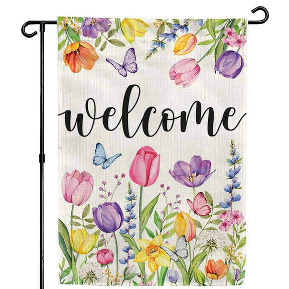 AMHNF Welcome Spring Floral Linen Garden Flag 12x18 inch Double-Sided, Spring Summer Tulip Flowers Welcome Small Flag for Home Outdoor Garden Porch Decoration