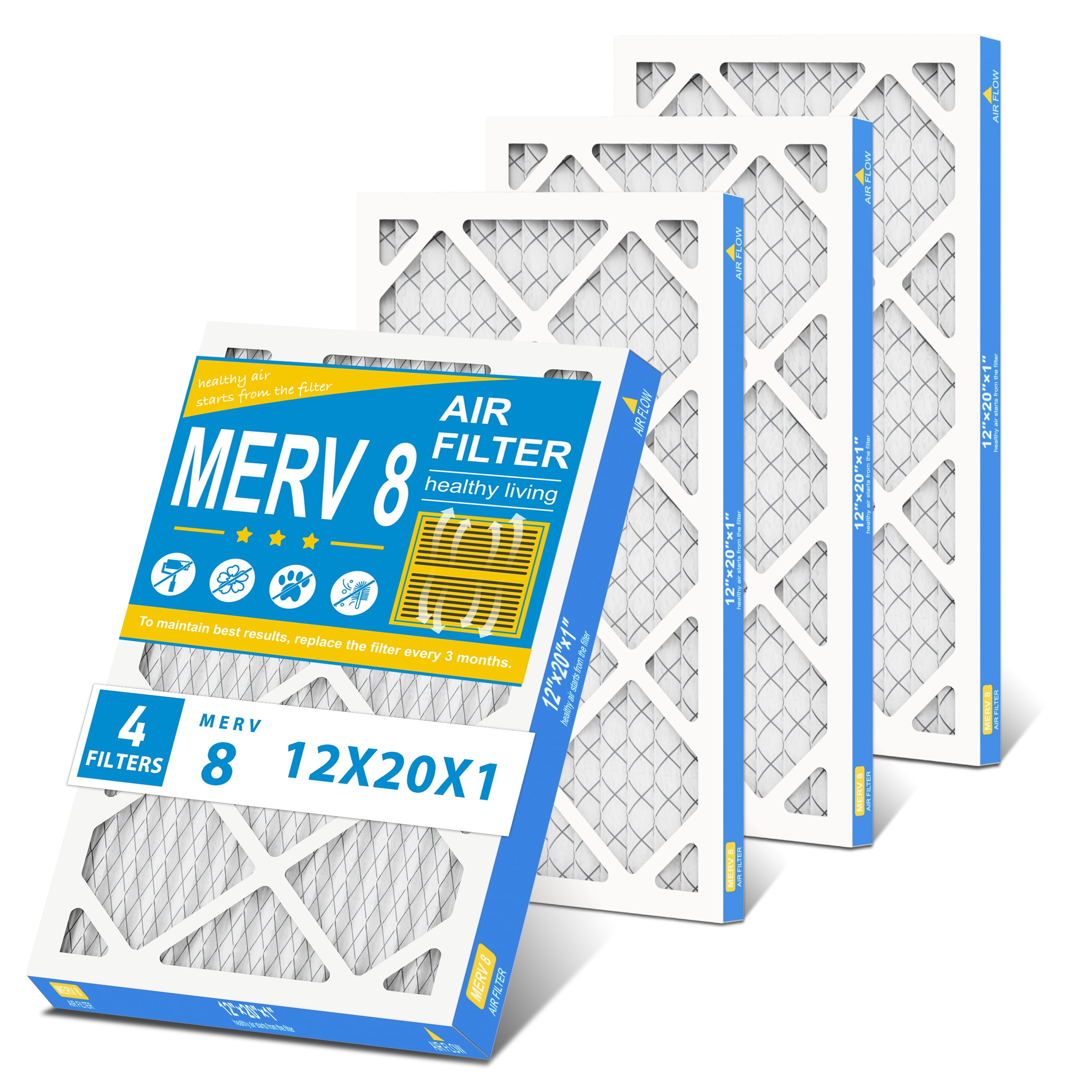 AMI PARTS 12x20x1 Air Filter, MPR 600 MERV8 Allergen Defense Pleated Filter for HVAC Furnace, 4 Filters
