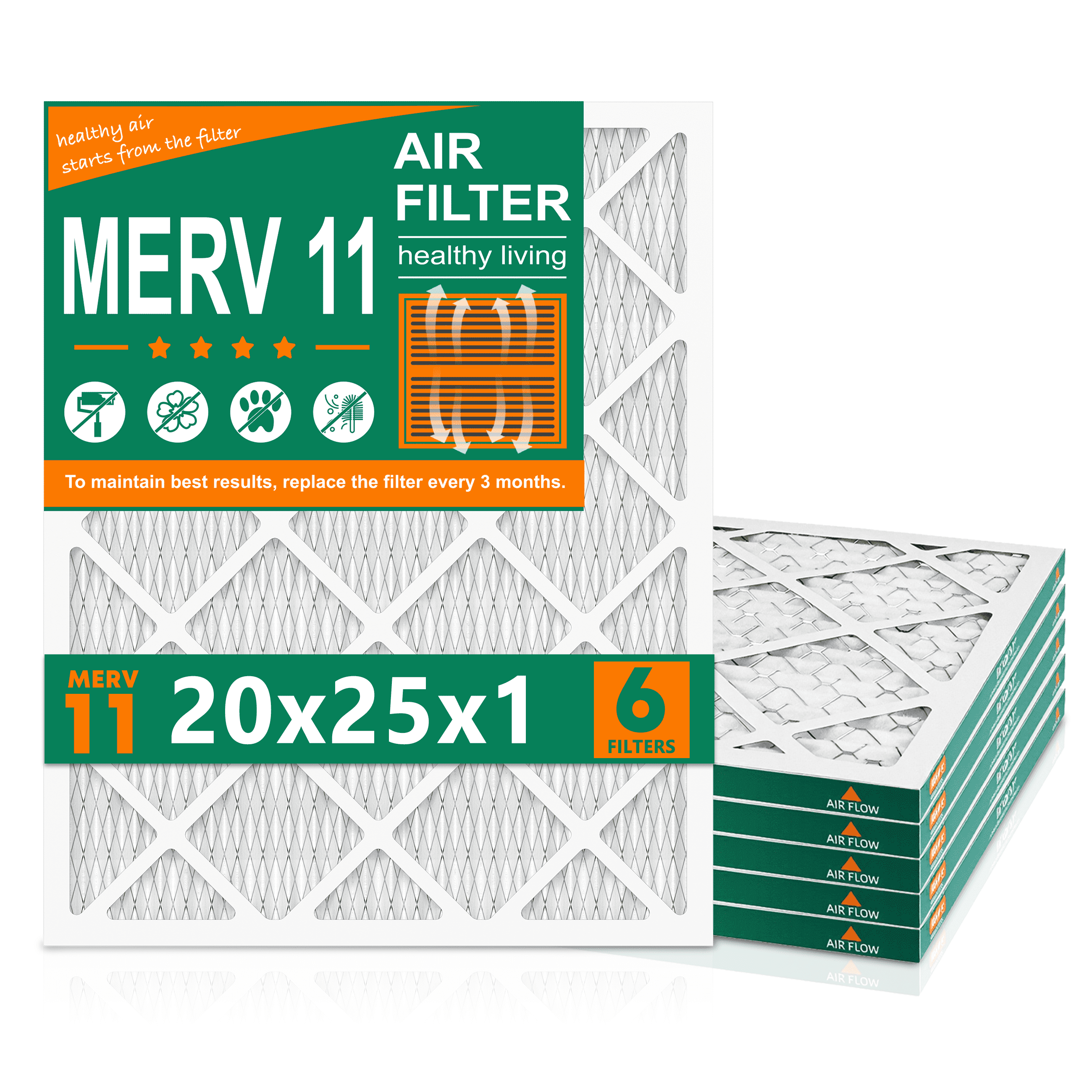 SUIXINEYI  20x25x1 MERV11 Air Cleaning Filter Non-Woven Fabric HVAC Furnace With Pleated Design for Home,6 Packs