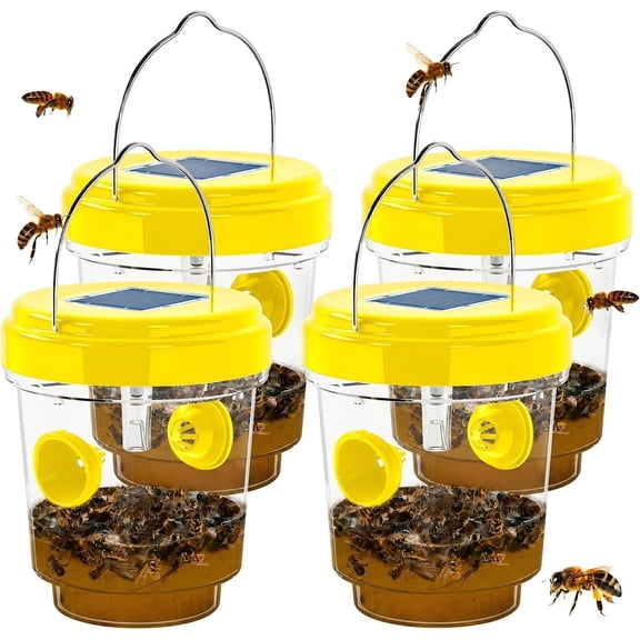 AMIAEDU 4 Pack Solar Wasp Traps Outdoor Hanging,Wasp Traps with LED ,Jacket Trap Carpenter Bee Traps for Outside, Reusable Hornet Trap Wasp Catcher for Flies Insects - Yellow
