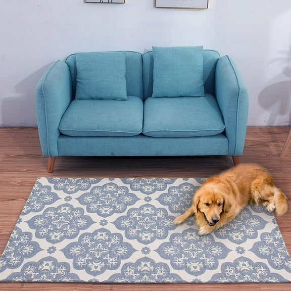 AMIDA Floral Patterns Area Rug,3'x5' Non Slip Washable Runner Rugs for Kitchen Floor Hallways Entryway Modern Mat Blue+Beige