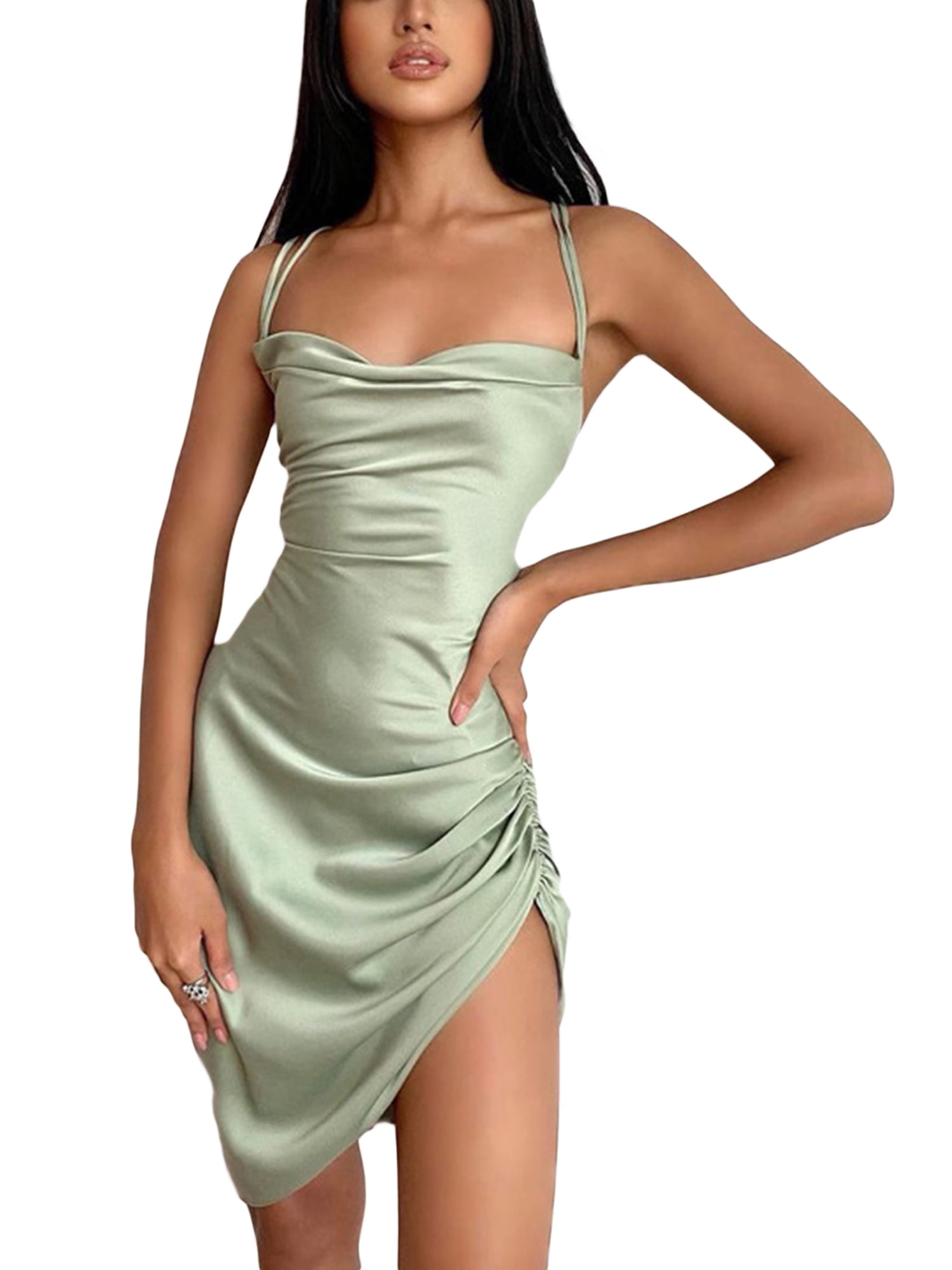 Short satin dress with spaghetti straps cheap