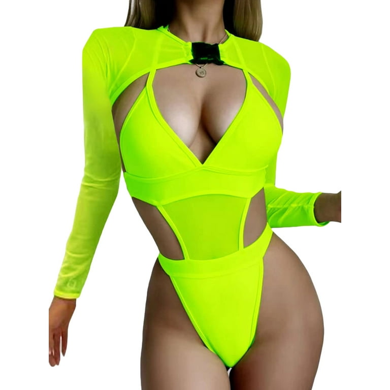 AMILIEe Women 2 Piece Neon Rave Outfit Bodysuit Buckle Long Sleeve Shrug  Crop Top Swimsuit Party Clubwear 