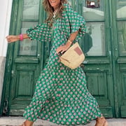 AMILIEe Women Boho Floral Puff Sleeve Tiered Maxi Dress Casual Layered Loose Vacation Long Dress