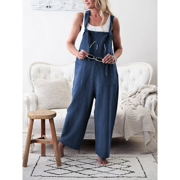 AMILIEe Women Casual Overalls Jumpsuit Bib Trousers Linen Dungarees Wide  Leg Pant