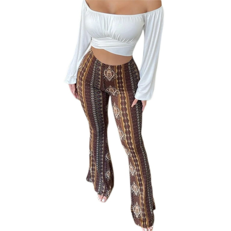 AMILIEe Women High Waist Yoga Ethnic Tribal Stretch Palazzo Bell Bottom Pants Fit to Flare Trousers