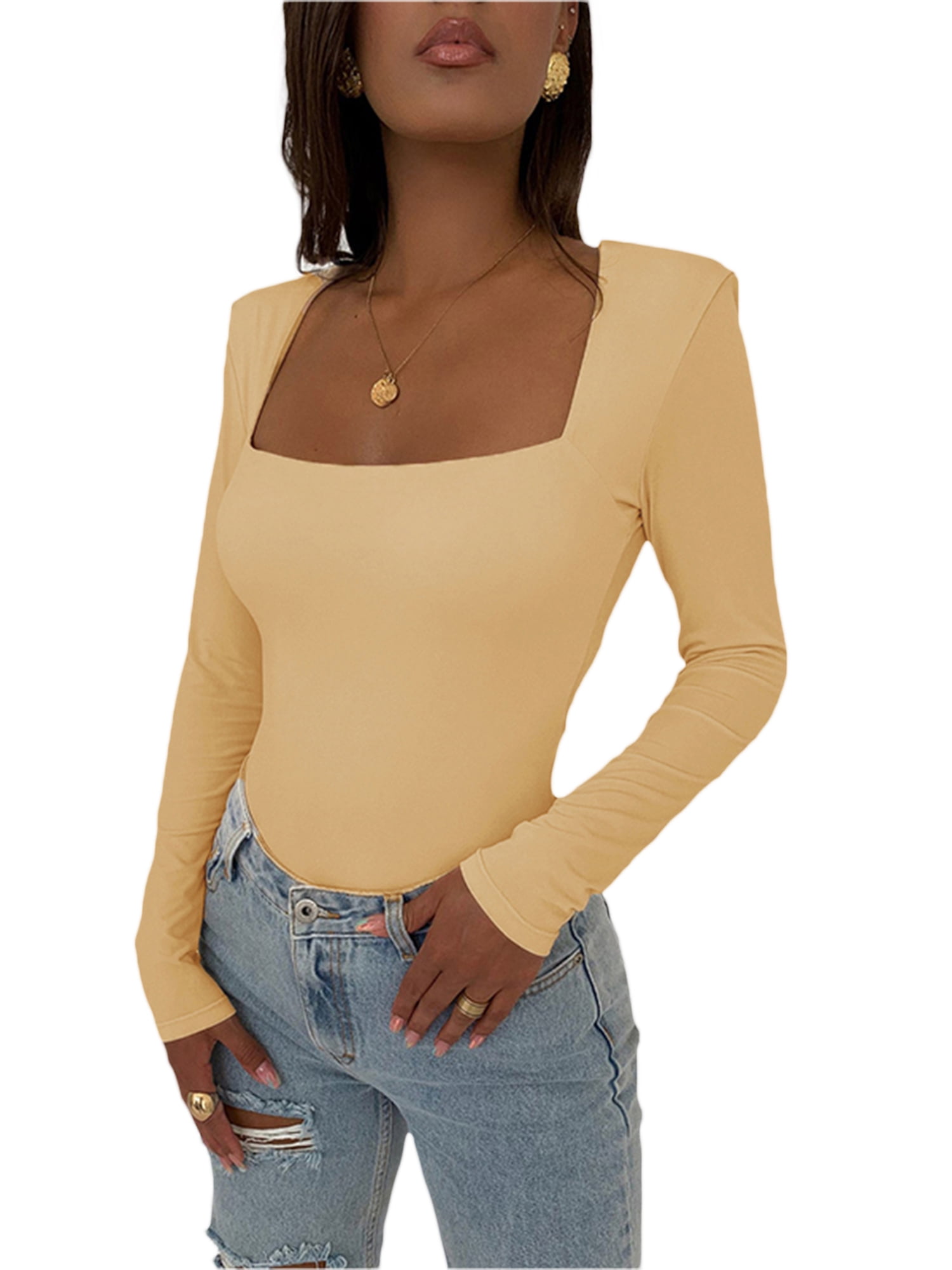 Padded shoulder long sleeve top hot sale