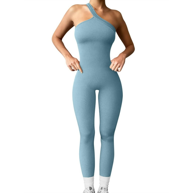 AMILIEe Women Ribbed Yoga Bodysuit Sleeveless One Shoulder Jumpsuit One Piece Workout Playsuit