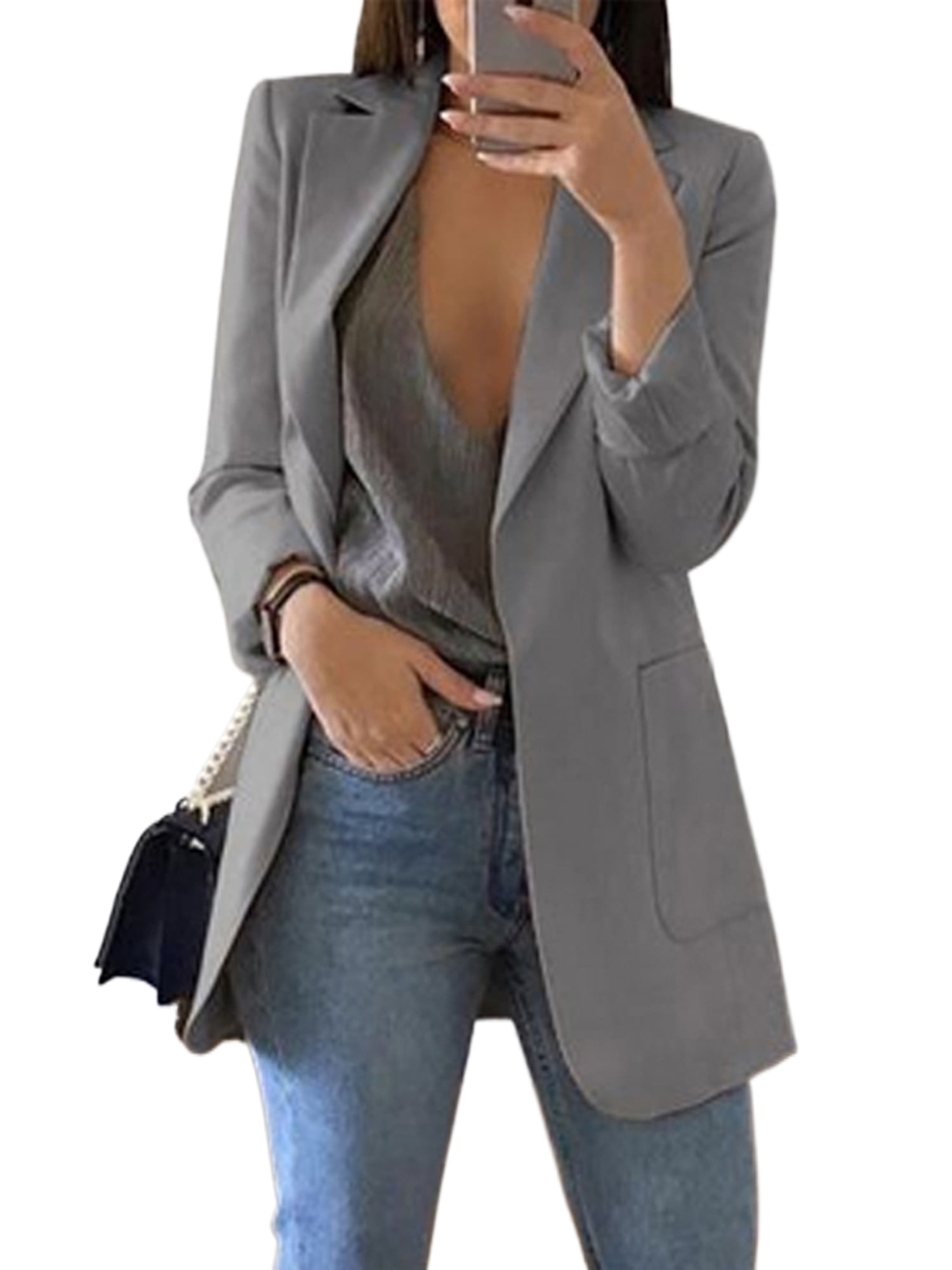 AMILIEe Women Slim Casual Blazer Jacket Top Outwear Long Sleeve Career ...