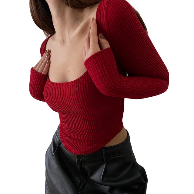 AMILIEe Women's Casual Long Sleeve Pullover Tshirt Square Neck Basic