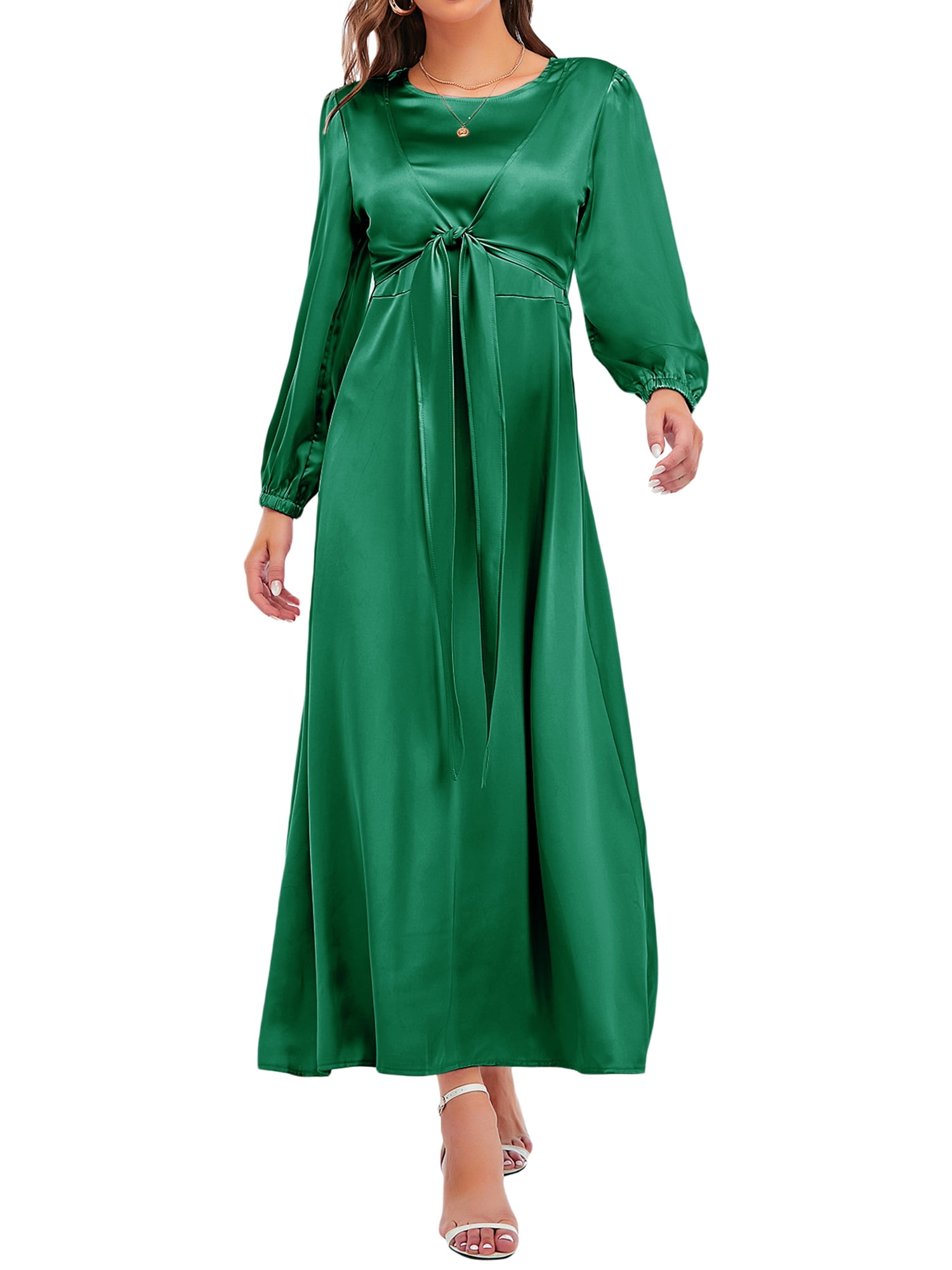 AMILIEe Women's Elegant Satin Midi Dress Long Sleeve Tie Knot Front