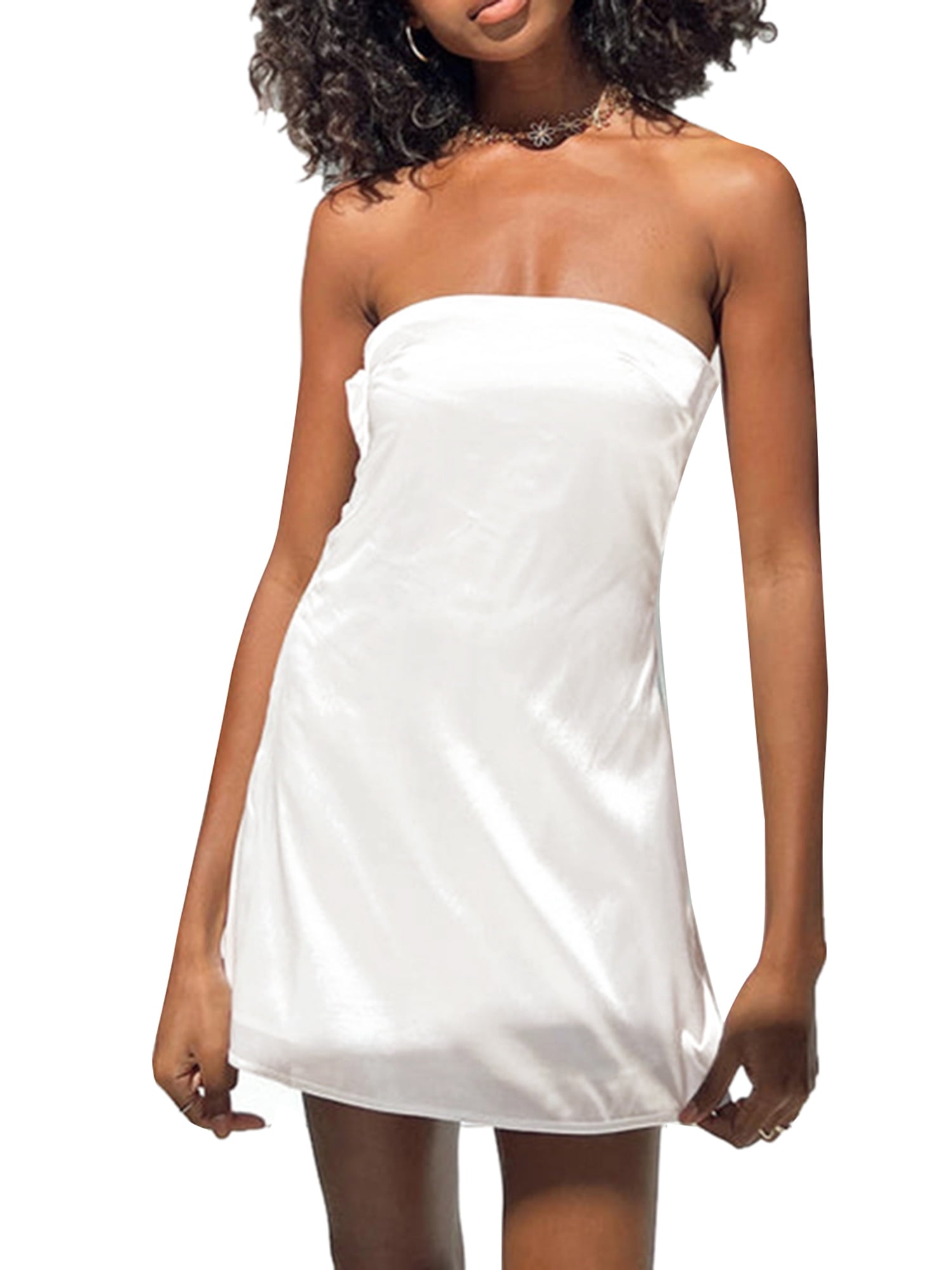 AMILIEe Women's Satin Silky Tube Mini Dress Strapless Sleeveless Tie Back  Slips Bandeau Dress