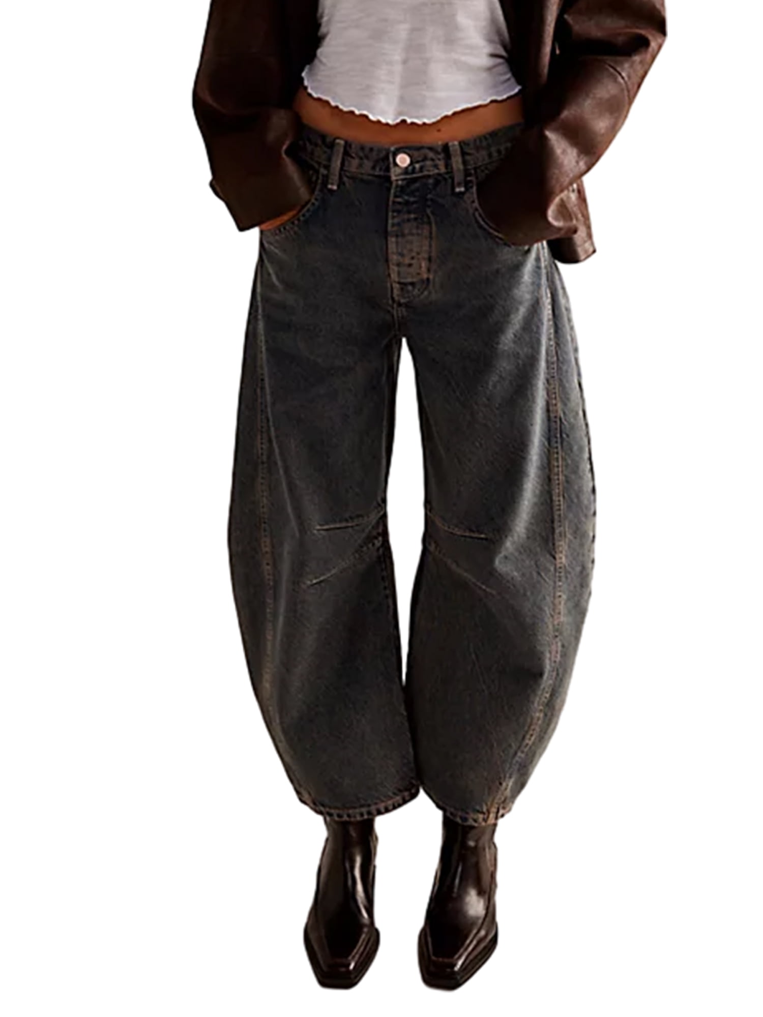 Dokuritu Women's Baggy Jeans - Wide Leg Boyfriend Denim Ankle Pants With Pockets Mid-Rise